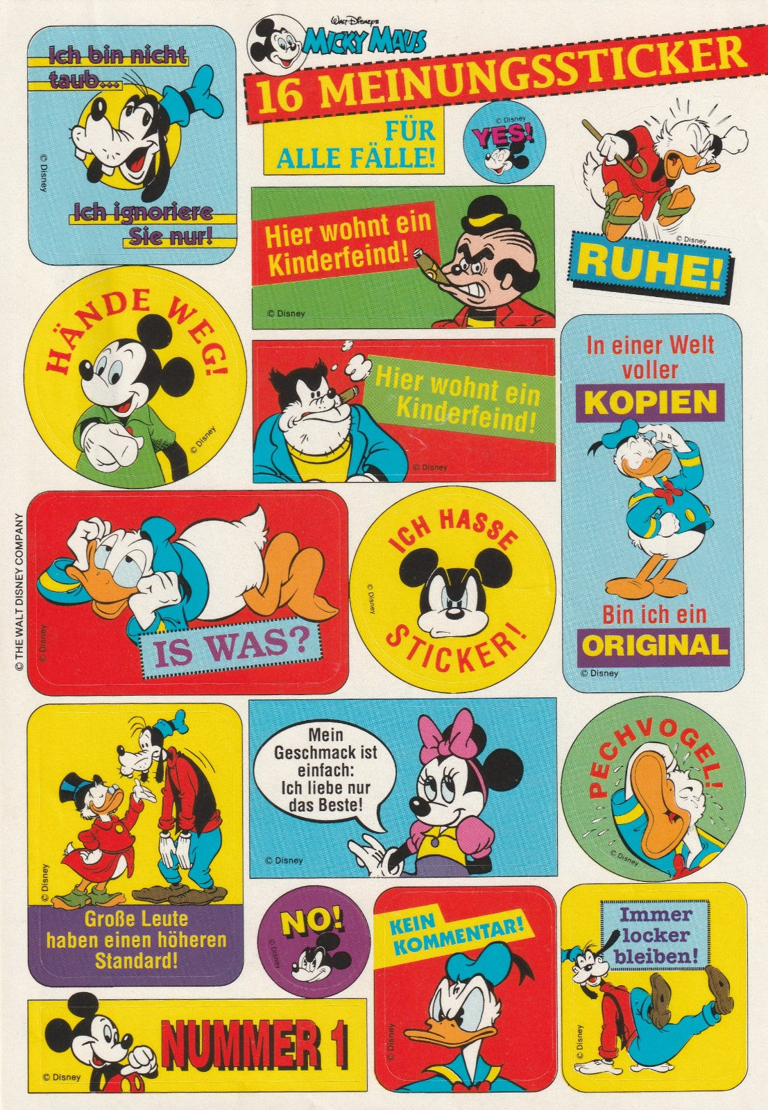 ✪ MICKY MAUS MAGAZIN 16 Meinungssticker, Ehapa STICKER/AUFKLEBER-BOGEN NEU TOP